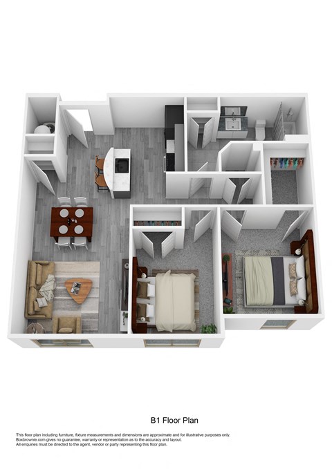 a stylized 3d floor plan with a bedroom and living room